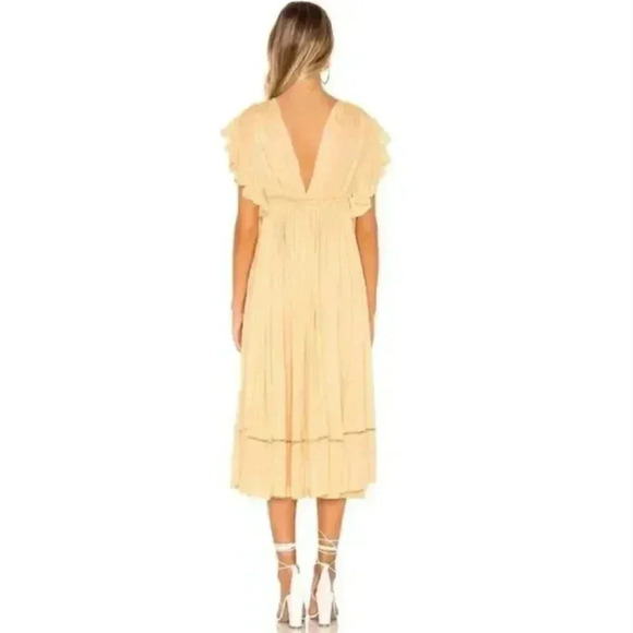 Free People Embroidered Tassel V-Neck Midi Dress Ruffle Sleeve Yellow Size S - Picture 4 of 10